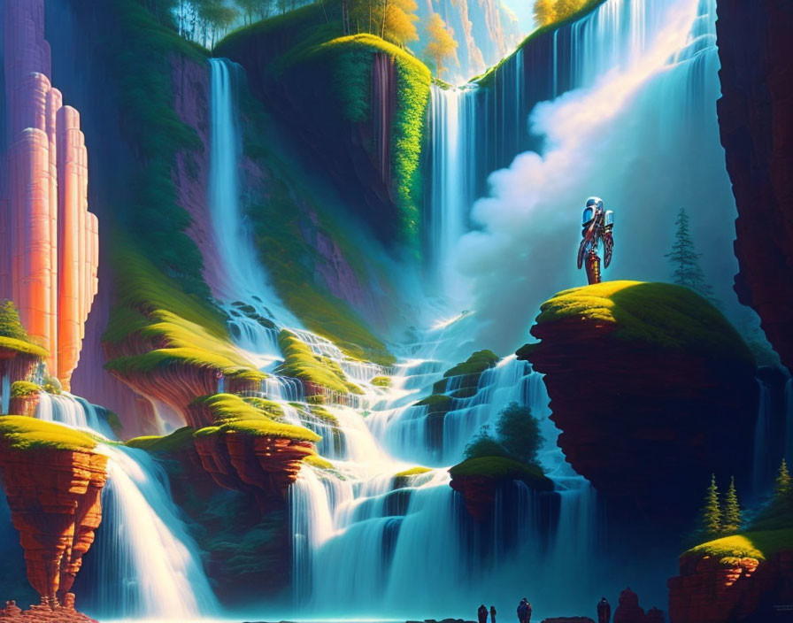 Fantastical landscape with waterfalls, greenery, rock formations & flying figure