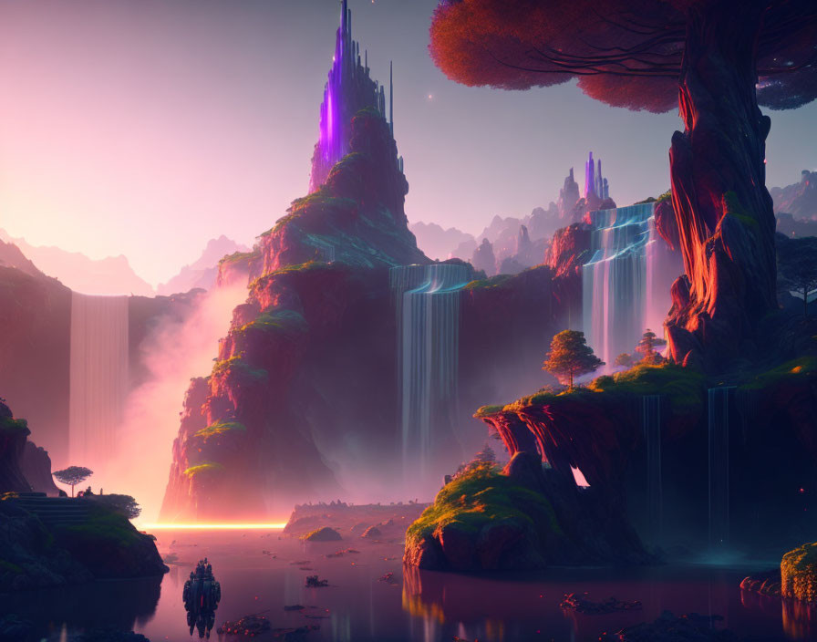 Fantastical landscape with purple crystal spires and waterfalls