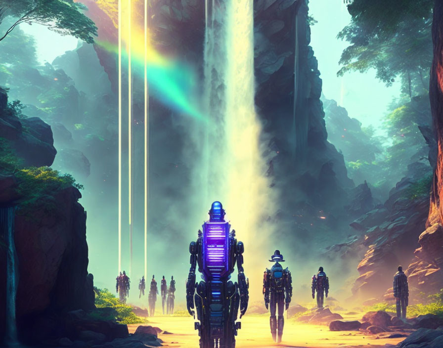 Futuristic soldiers in alien landscape with waterfalls & light beams