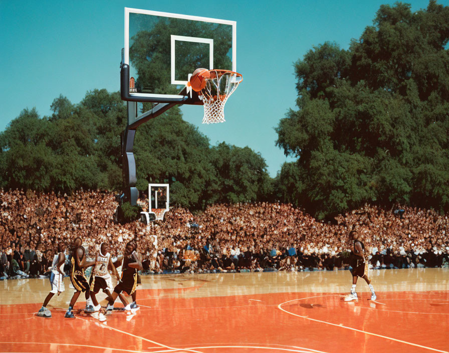 Outdoor basketball game with players and crowd.