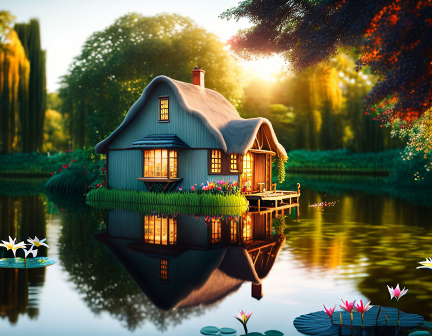 Tranquil pond sunset scene with glowing cottage and lush greenery