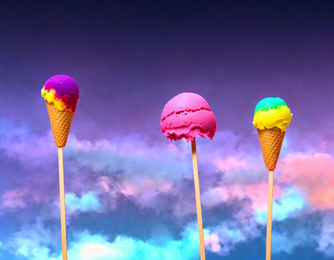 Colorful Ice Cream Cones Against Vibrant Sky with Pink and Blue Clouds