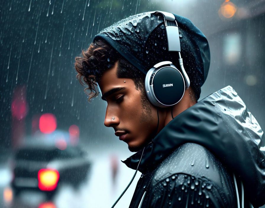 Young person in black hooded jacket with headphones standing in the rain