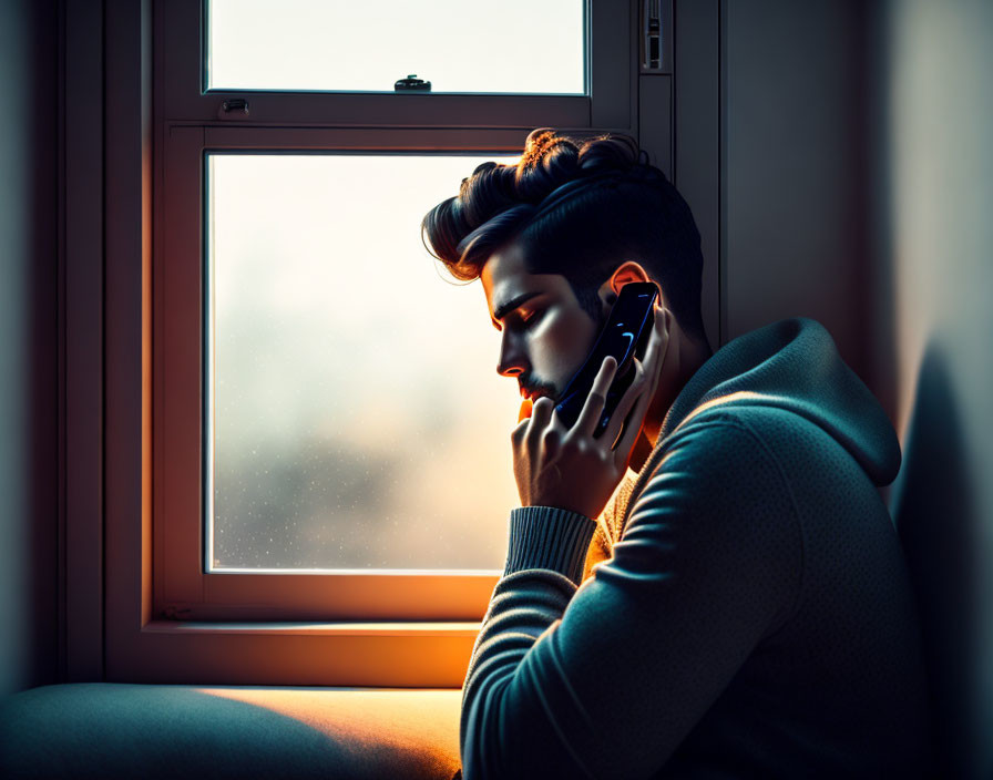 Man with modern haircut on phone by raindrop window in warm light