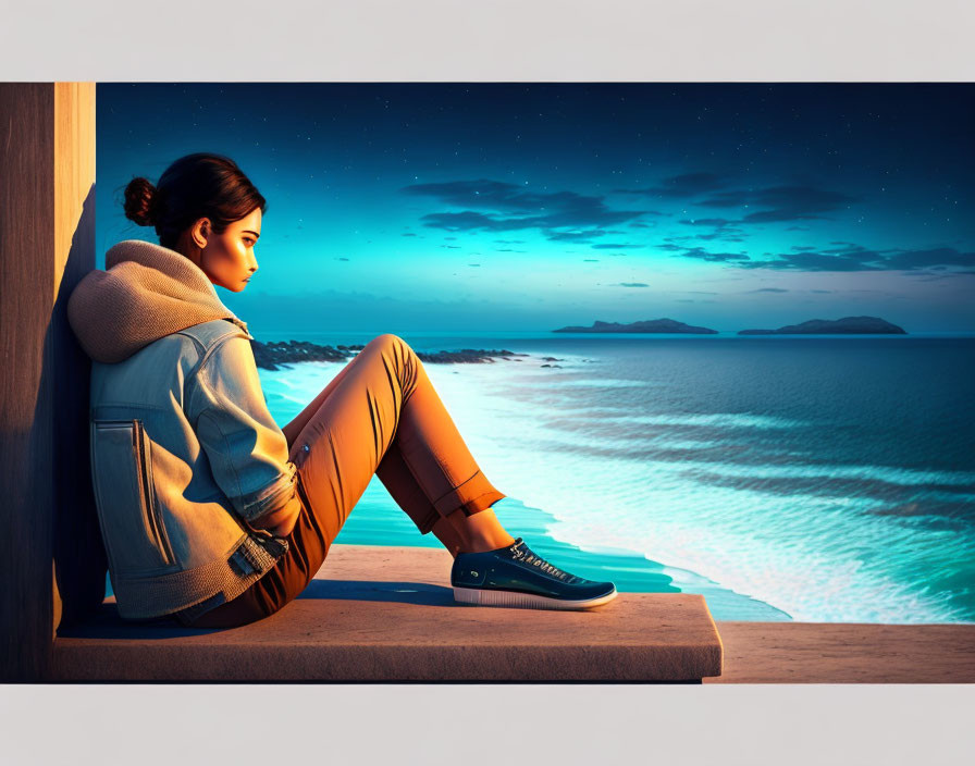 Person sitting on wooden step by sea under starry sky and calm ocean with distant islands.