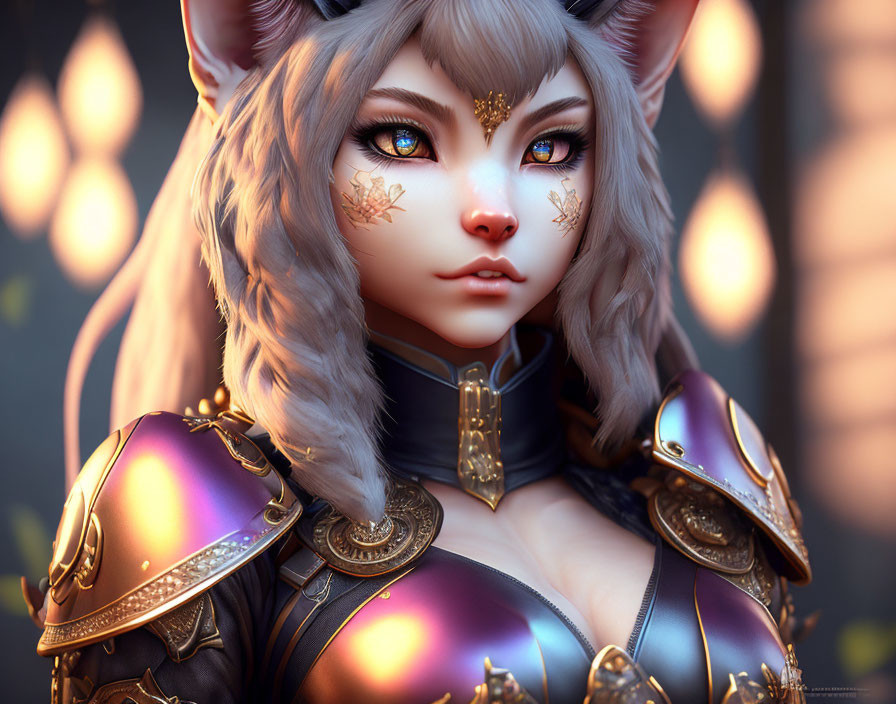 Female anthropomorphic feline creature with blue eyes and golden adornments in armor.