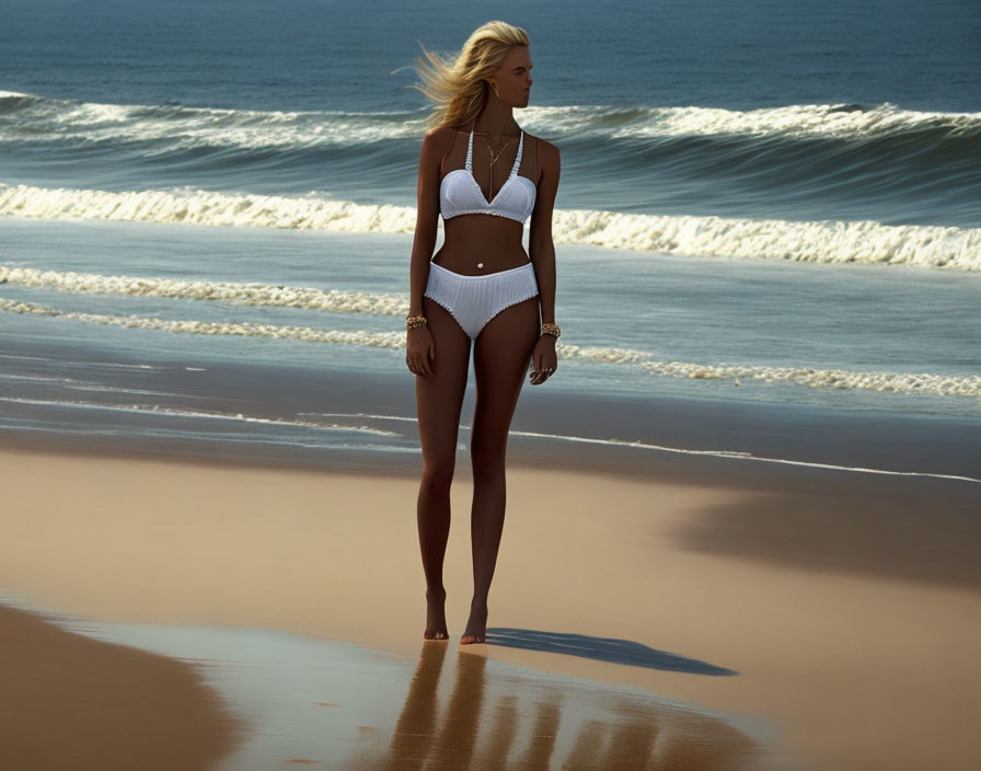 Person in White Bikini on Sandy Beach with Waves