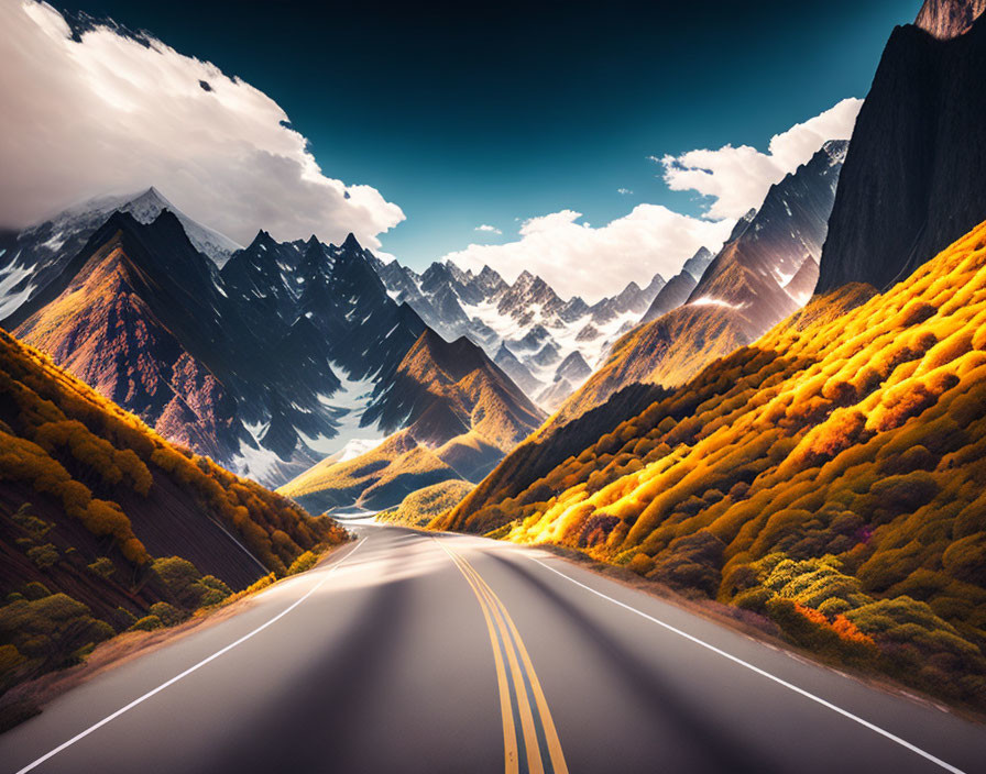 Scenic autumn landscape with open road and mountains