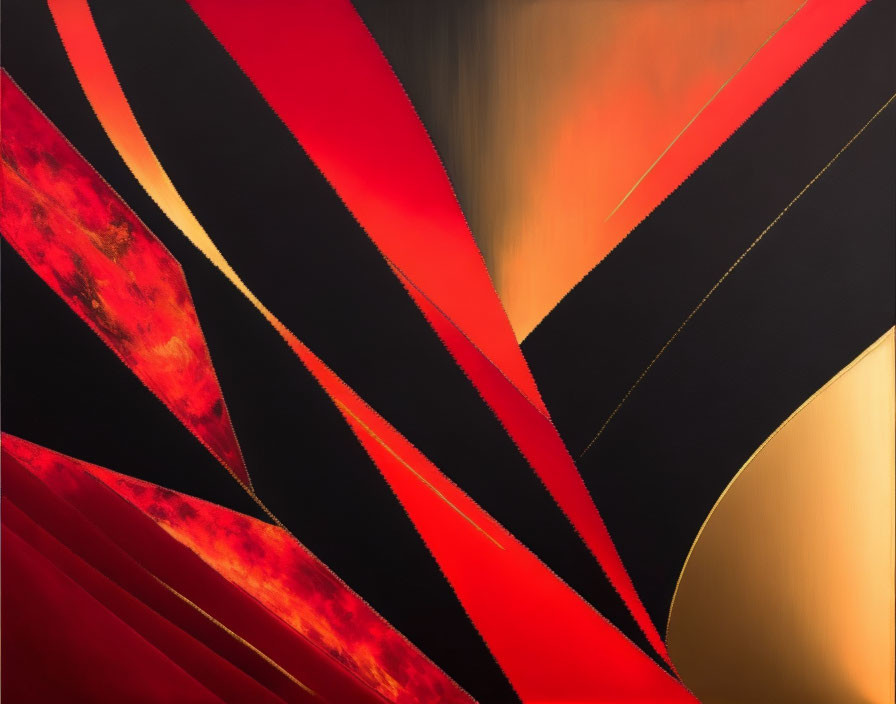 Vibrant abstract painting: bold red and black diagonal lines on gold and beige background