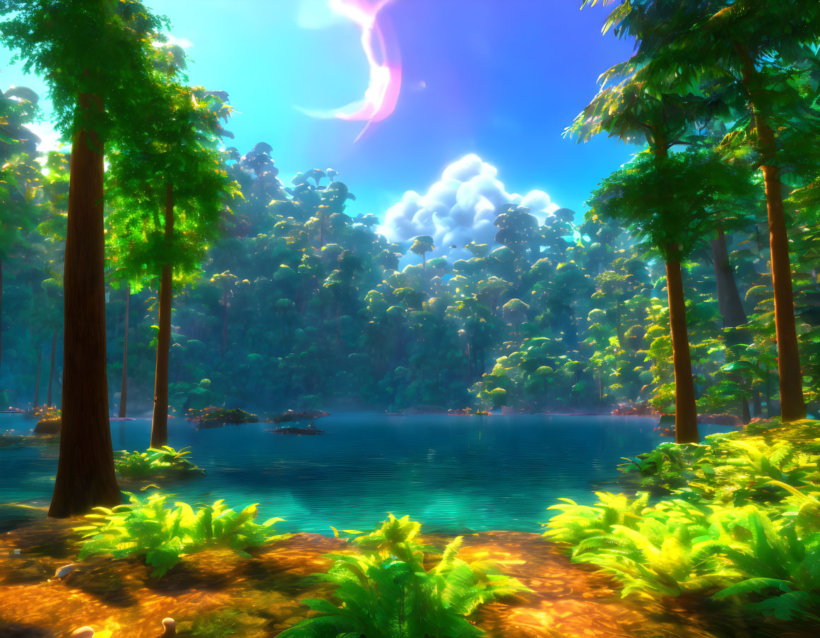 Lush forest with tranquil lake and colorful sky