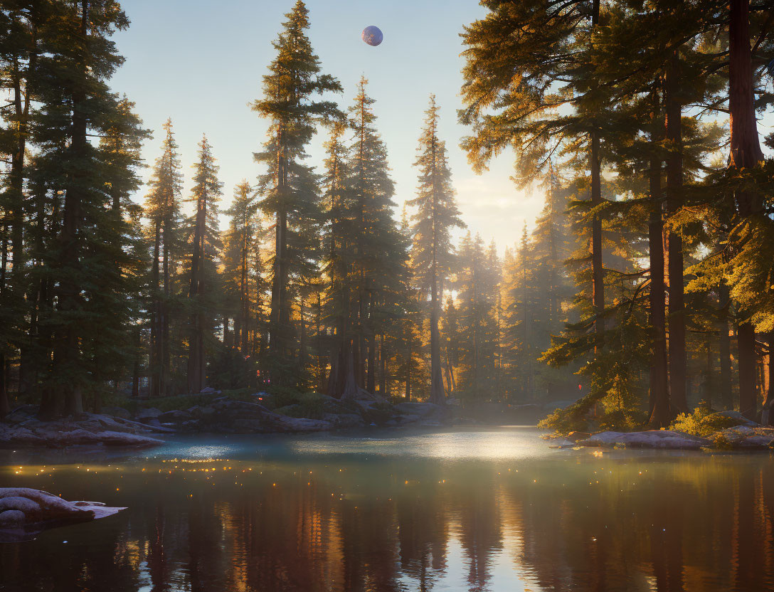 Tranquil sunrise forest with pine trees, reflective lake, misty sunlight, and distant hot air