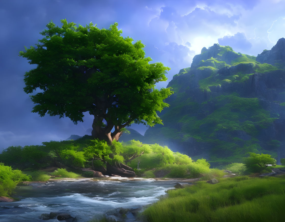 Scenic river landscape with lush tree and sunlight over mountains