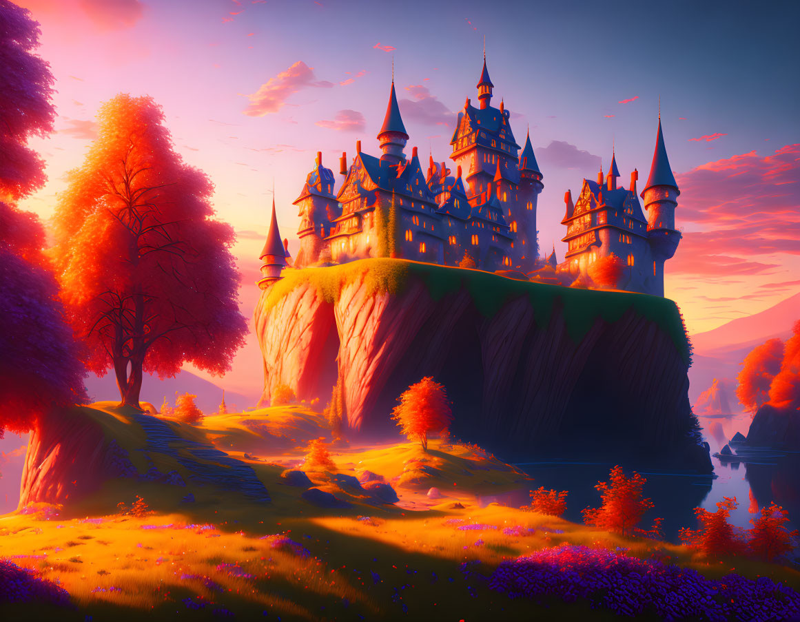 Majestic castle on cliff in vibrant fantasy sunset landscape