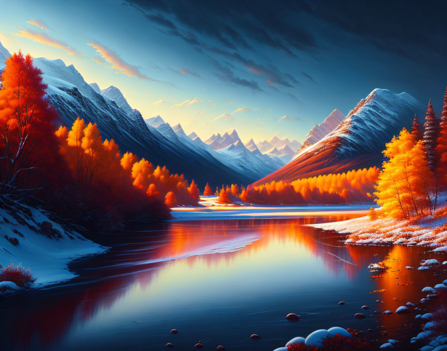 Autumnal landscape with river, trees, and snow-capped mountains