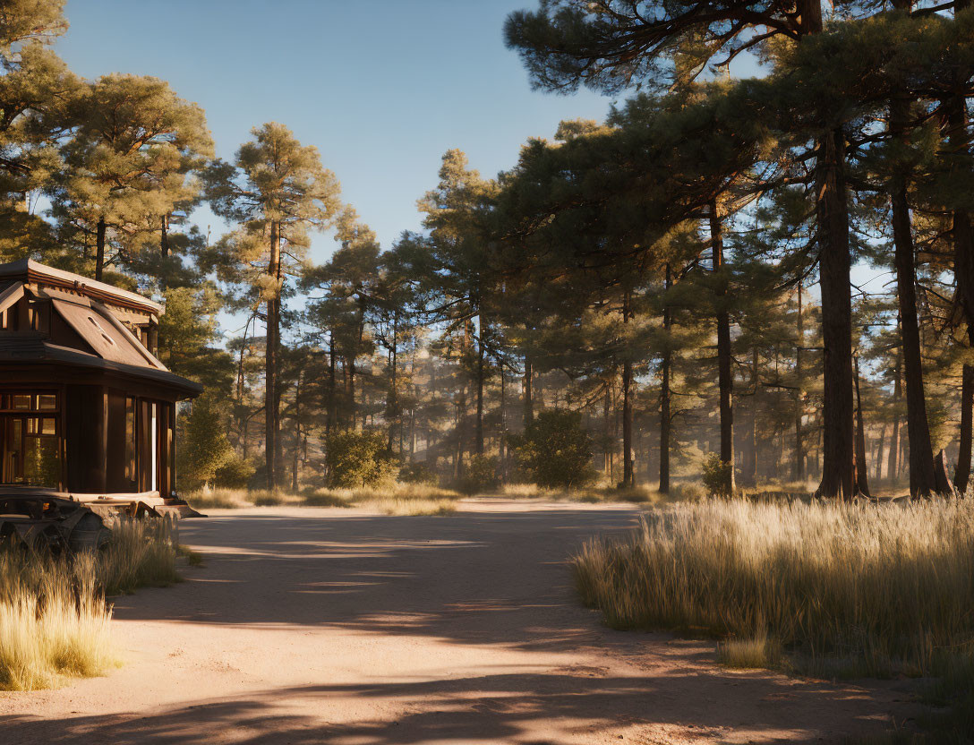 Tranquil forest landscape with cabin, tall pine trees, and winding path