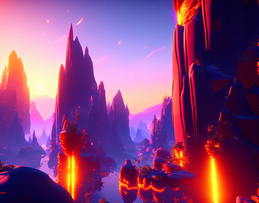 Colorful alien landscape with rock formations, lava rivers, and purple sky