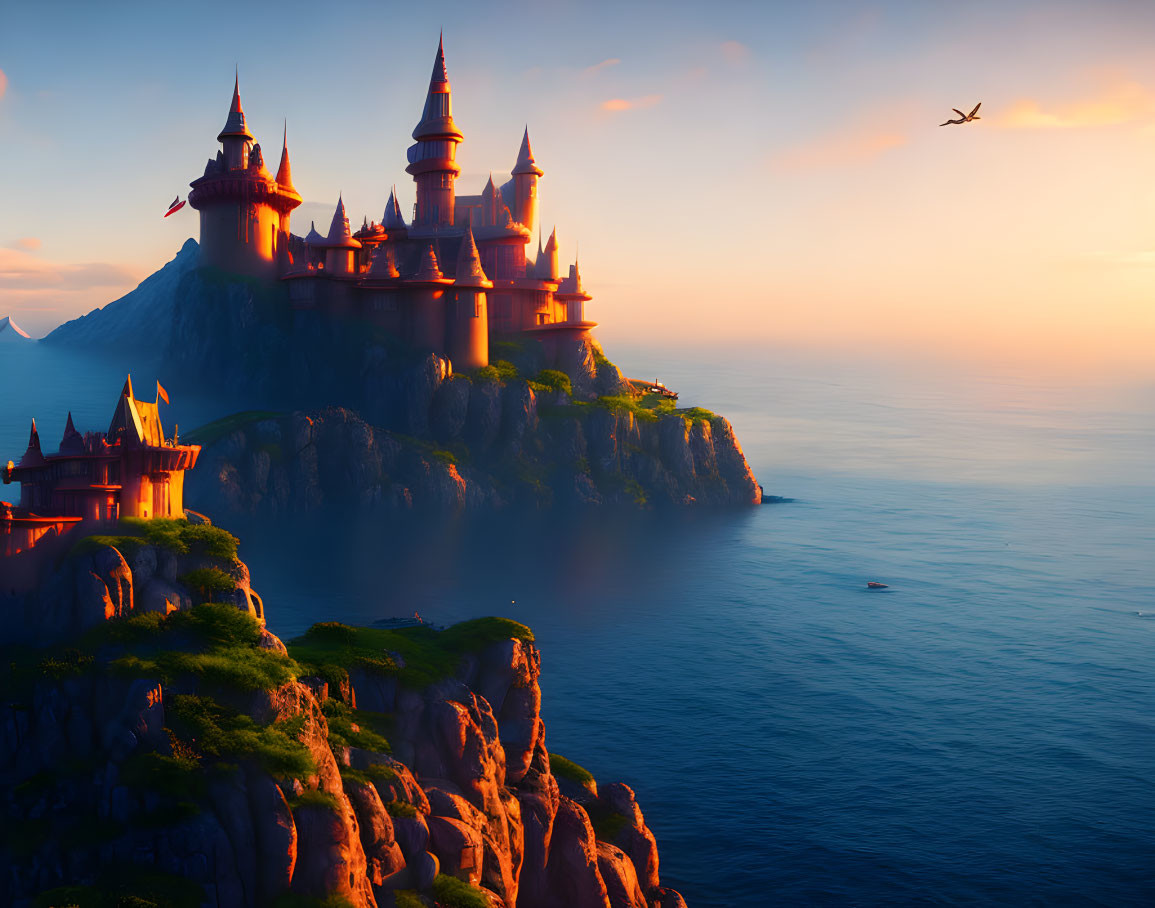 Majestic castle on cliff by ocean at sunset with bird and ship