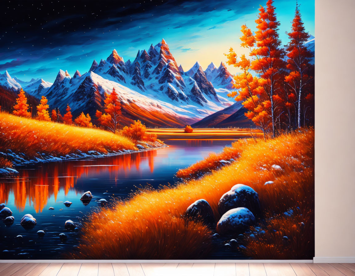 Autumnal mountain landscape mural with river and snowy peaks