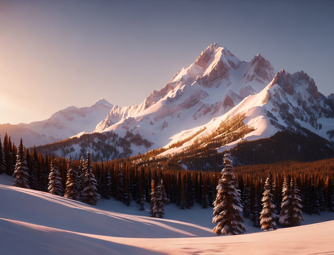 Snowy Mountain Landscape at Sunset with Snow-Covered Pine Trees