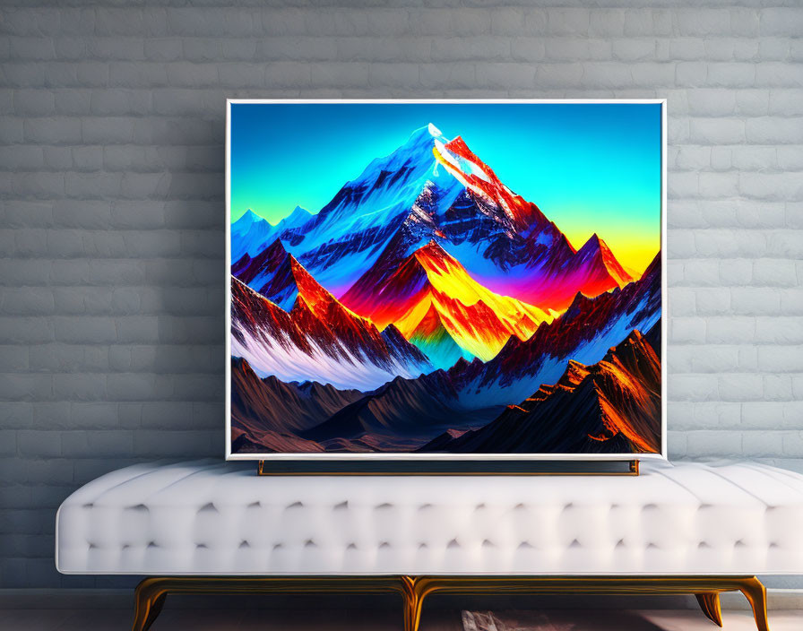 Mountain range displayed on flat-screen TV against brick wall with white bench in foreground