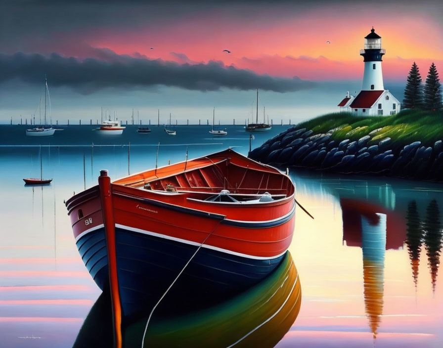 Serene harbor painting with red boat, lighthouse, sailboats, and sunset sky