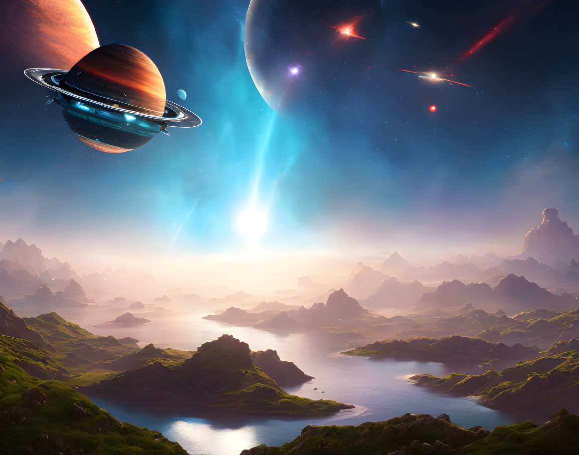 Celestial Landscape with Planets, Comet, Shooting Stars, Mountains, Lakes