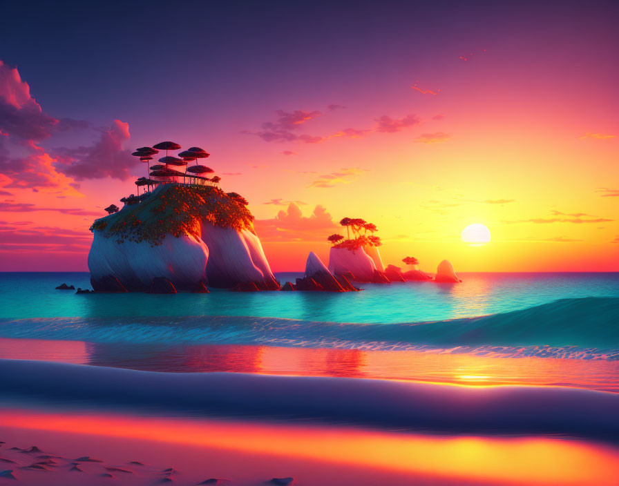 Colorful Sunset Over Serene Beach with Silhouetted Rocks and Trees