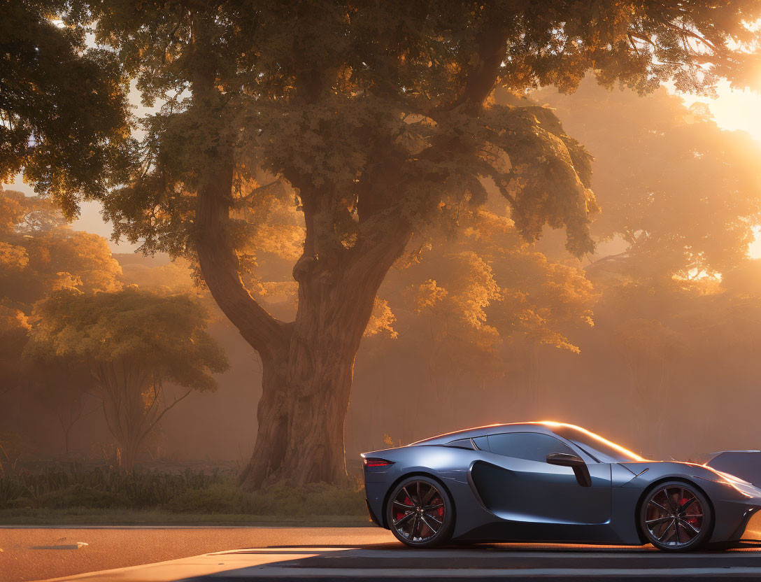 Luxury sports car parked in misty forest with sunbeams filtering through trees