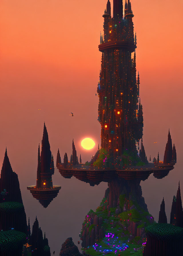 Fantastical cityscape with towering spires at dusk