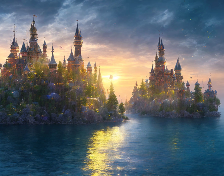 Fantastical sunset scenery with illuminated castles on rocky islands