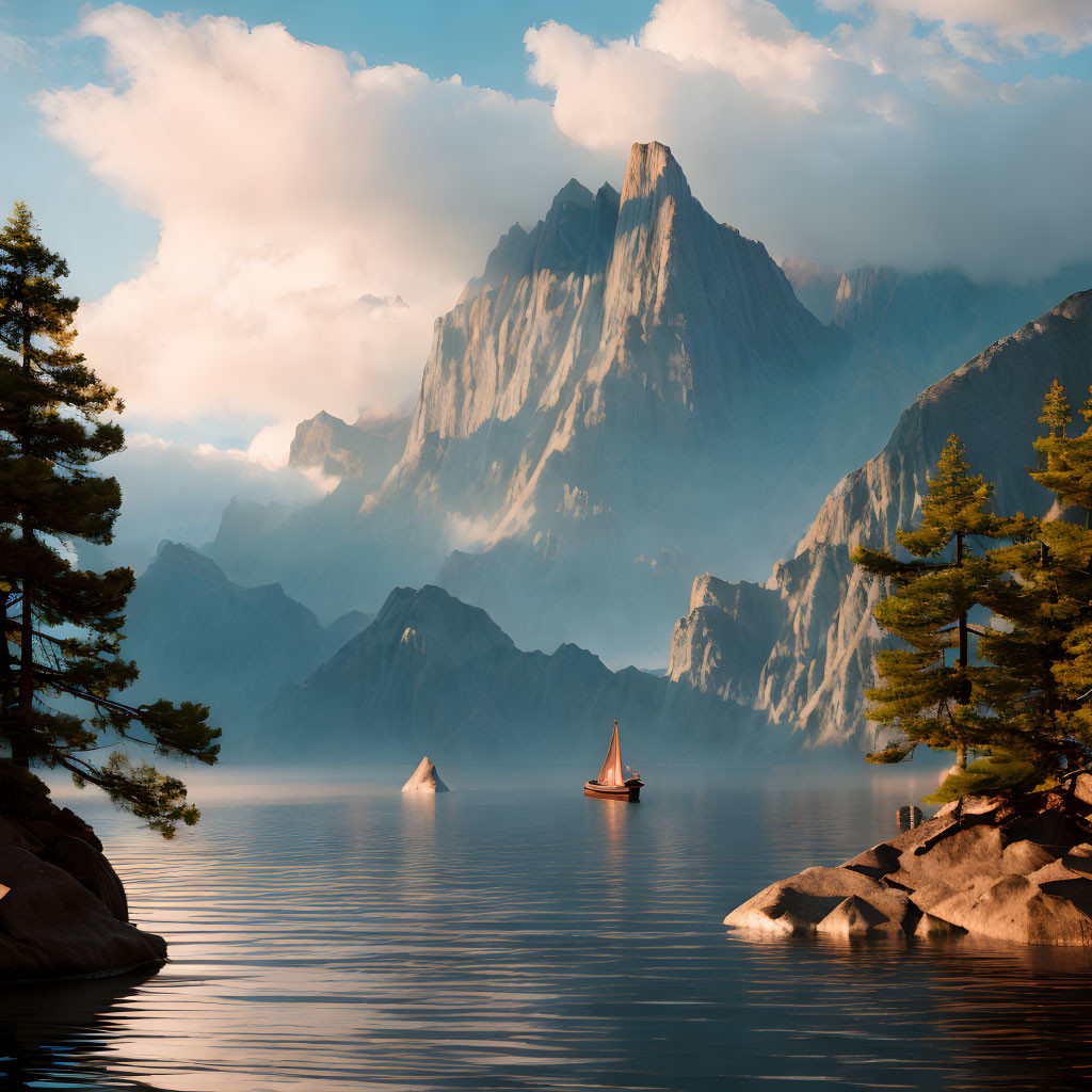 Sailboat on Tranquil Lake with Majestic Mountains and Sunlight