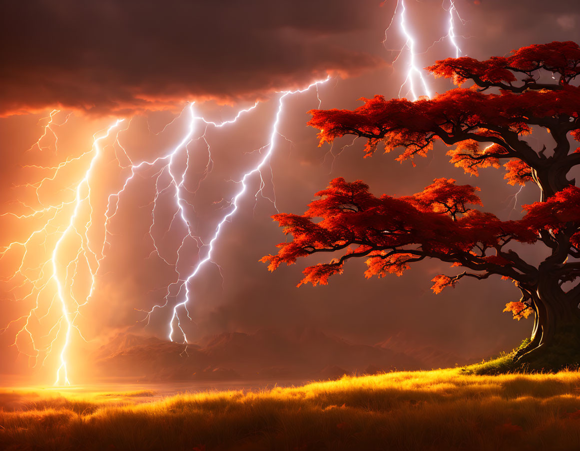 Large tree with red foliage under stormy sky and lightning strikes in savanna landscape