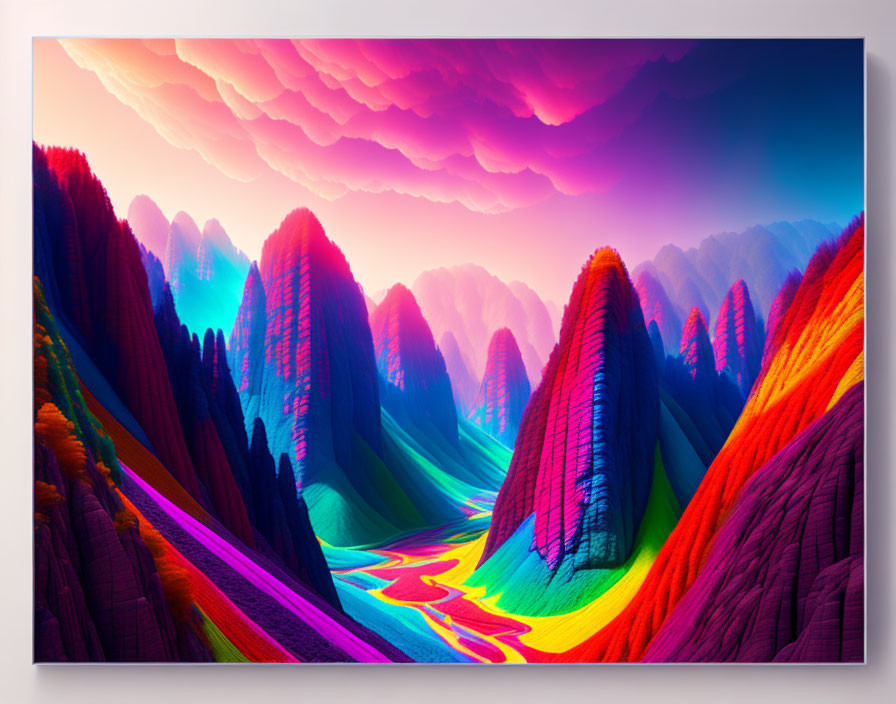 Colorful digital art landscape with striated mountains, river, and pink cloud sky