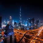 Urban night cityscape with illuminated skyscrapers and starry sky