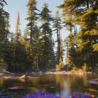 Tranquil sunrise forest with pine trees, reflective lake, misty sunlight, and distant hot air