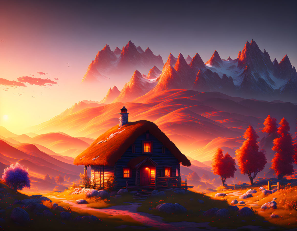 Surreal sunset landscape with cozy cabin, vibrant foliage, hills, and snowy peaks