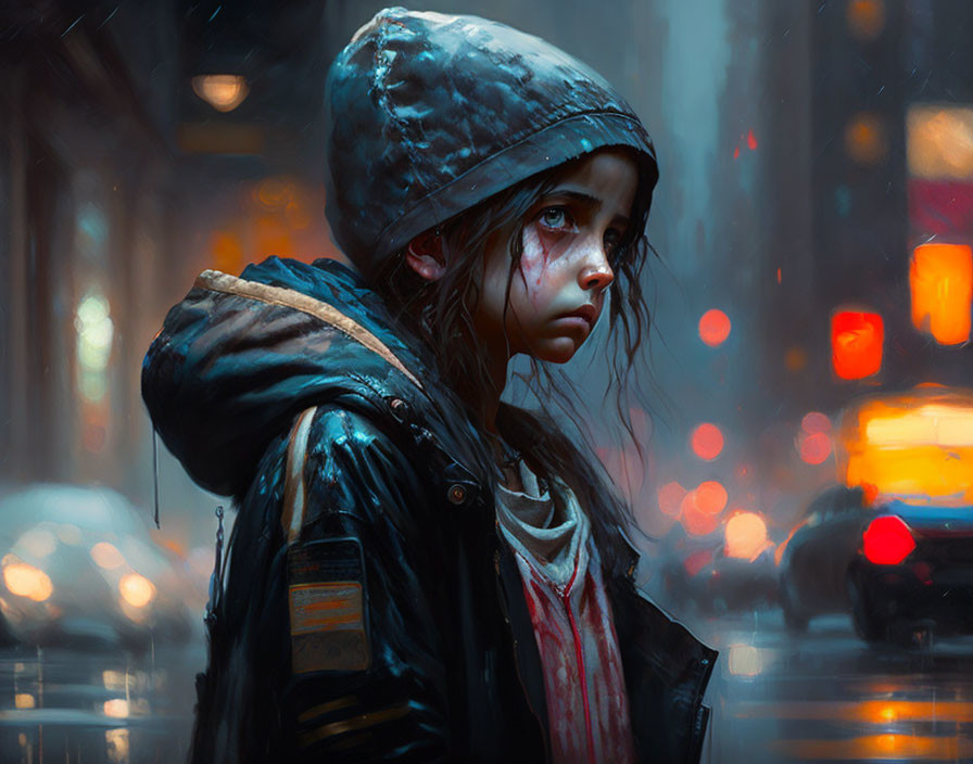 Young girl in helmet and leather jacket in rainy urban scene