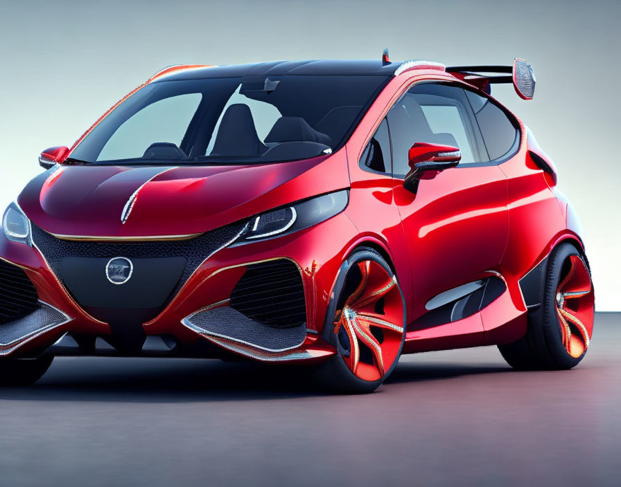 Futuristic red concept car with sleek lines and unique wheel design