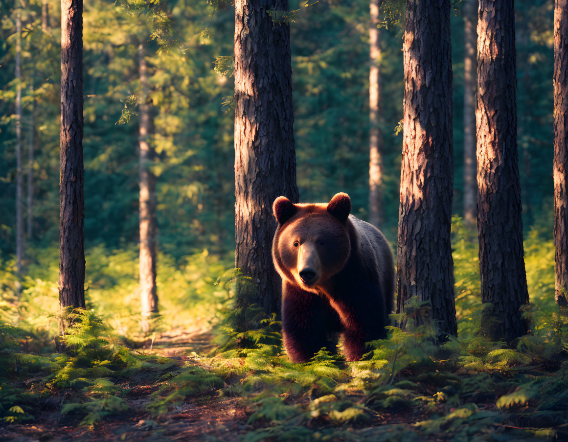 Brown Bear in Sunlit Forest with Tall Trees