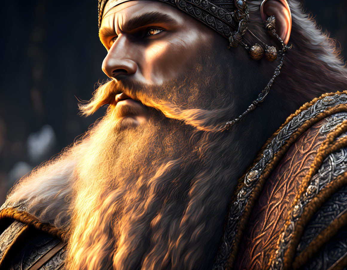 Detailed Viking warrior with braided beard and ornate armor on dark background