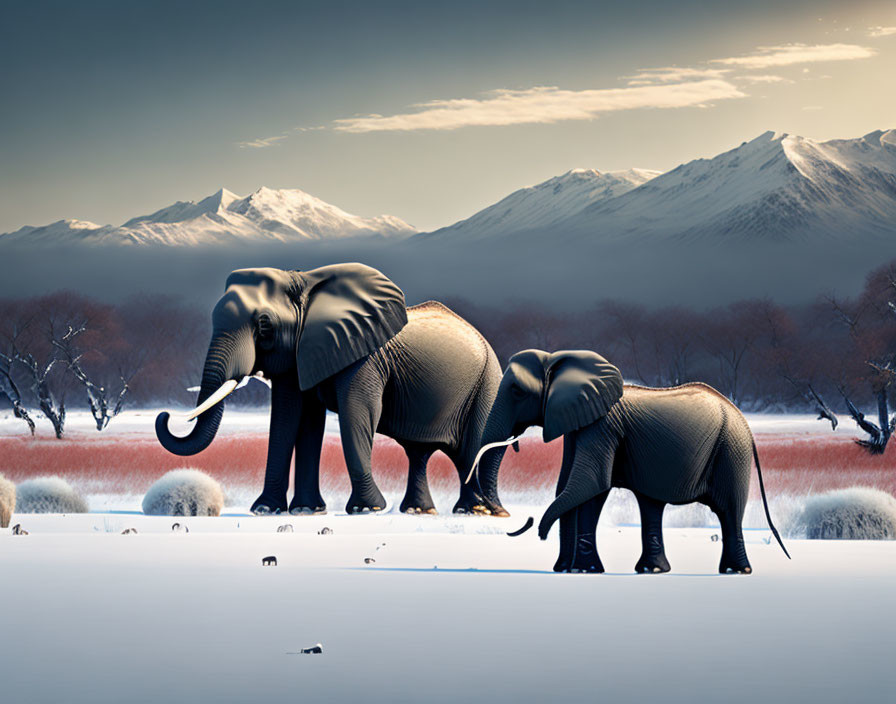 Snowy landscape with two elephants and mountains.