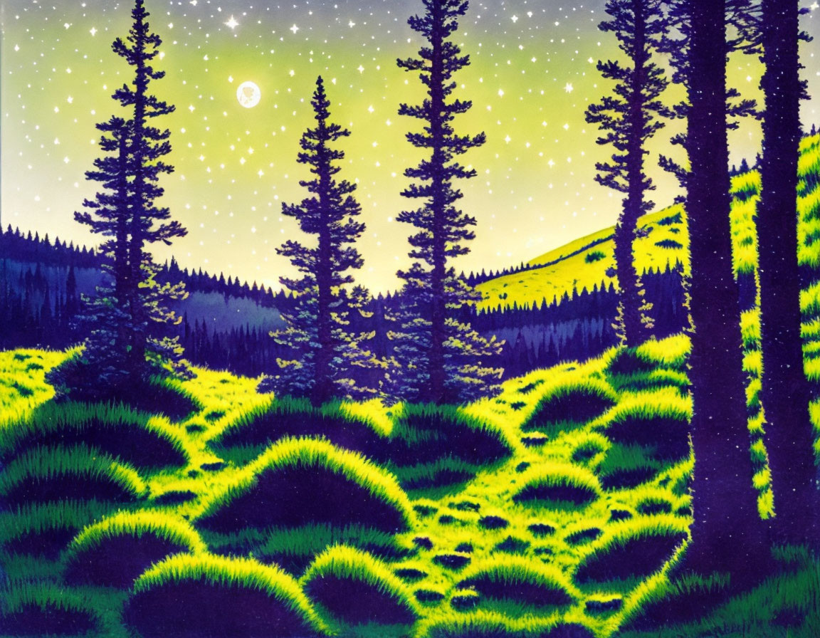 Night scene painting: Glowing green grass, silhouetted pine trees, starry sky,