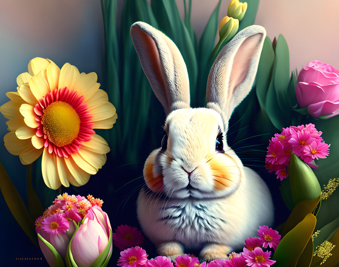 White Rabbit Surrounded by Colorful Flowers: Daisy, Tulips, and Blooms