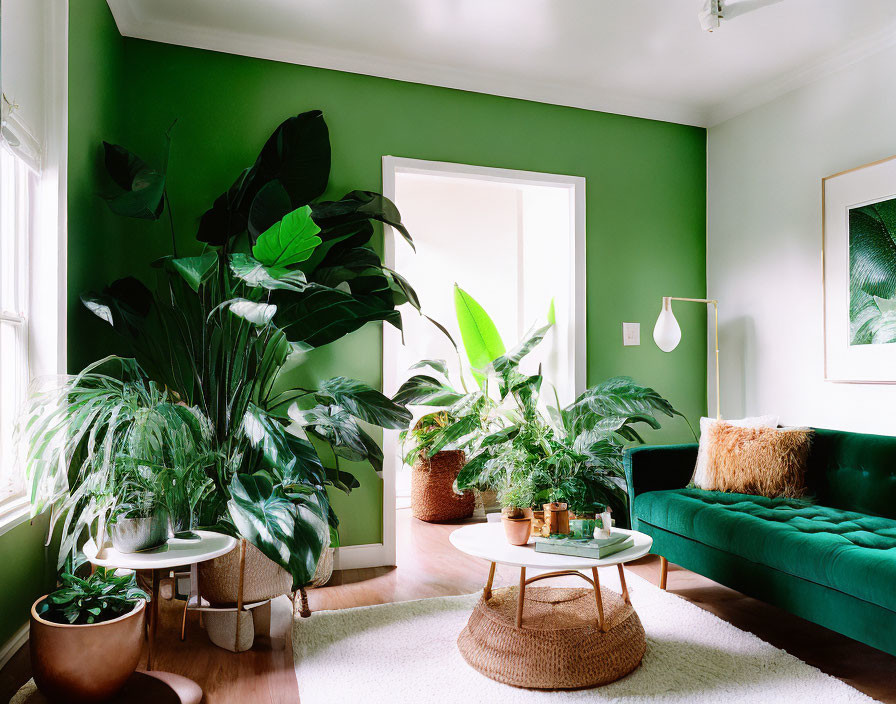 Green Velvet Sofa in Cozy Living Room with Potted Plants and Round Coffee Table