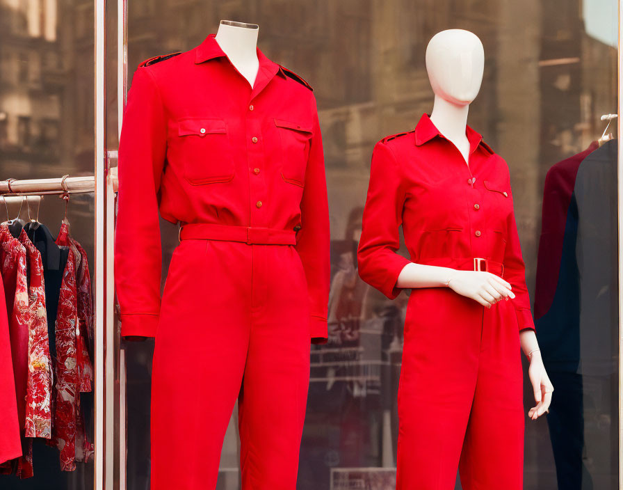 Red mannequins in matching outfits with buttoned shirts and pants in store window.