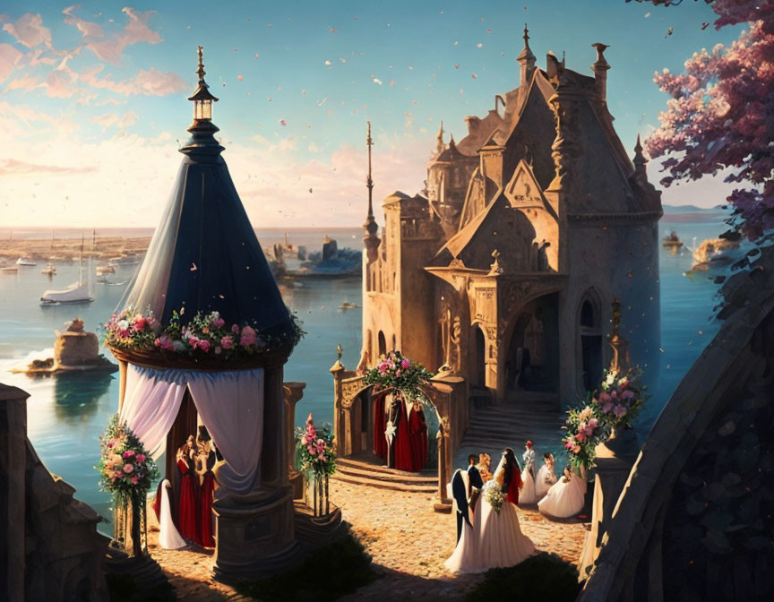 Fantasy seaside wedding with couple, elegant guests, castle backdrop, boats, serene waters, pastel