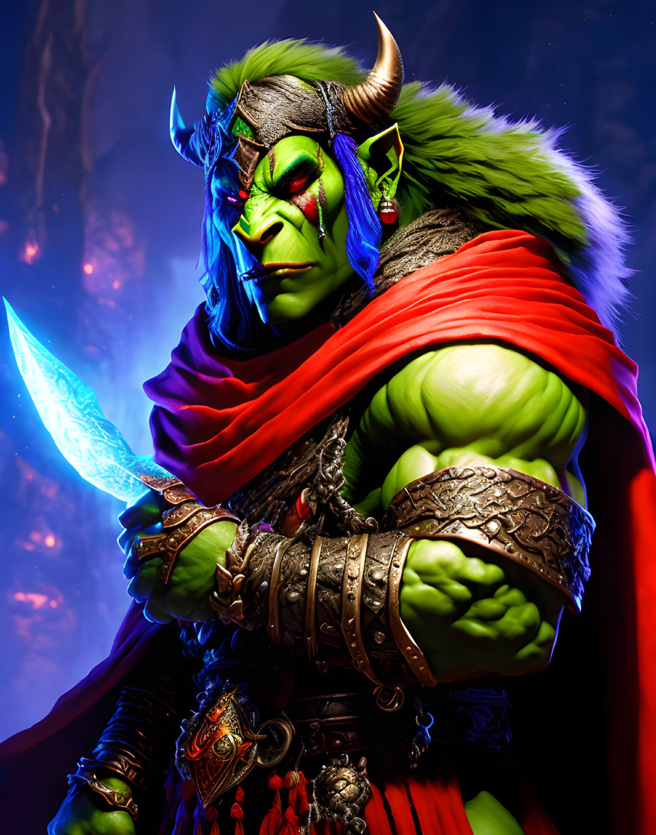 Green-skinned orc in armor with blue sword on mystical background