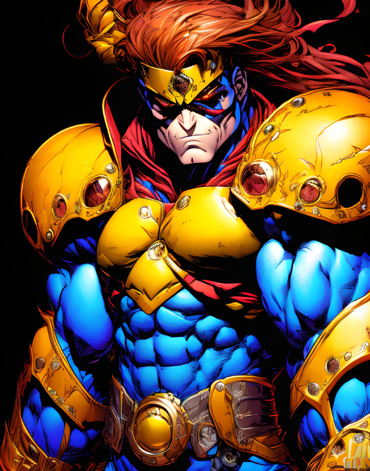 Muscular superhero with red mane, gold armor, blue skin, and intense shading.