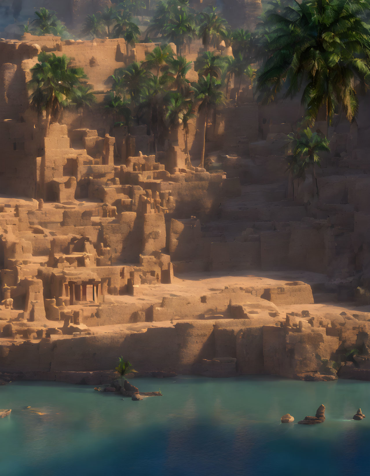 Ancient riverside temple with intricate architecture and palm trees in warm light