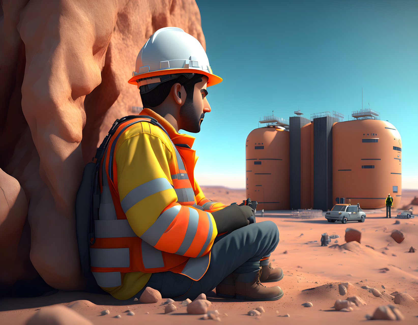 Worker in high-visibility clothing overlooking futuristic Mars base